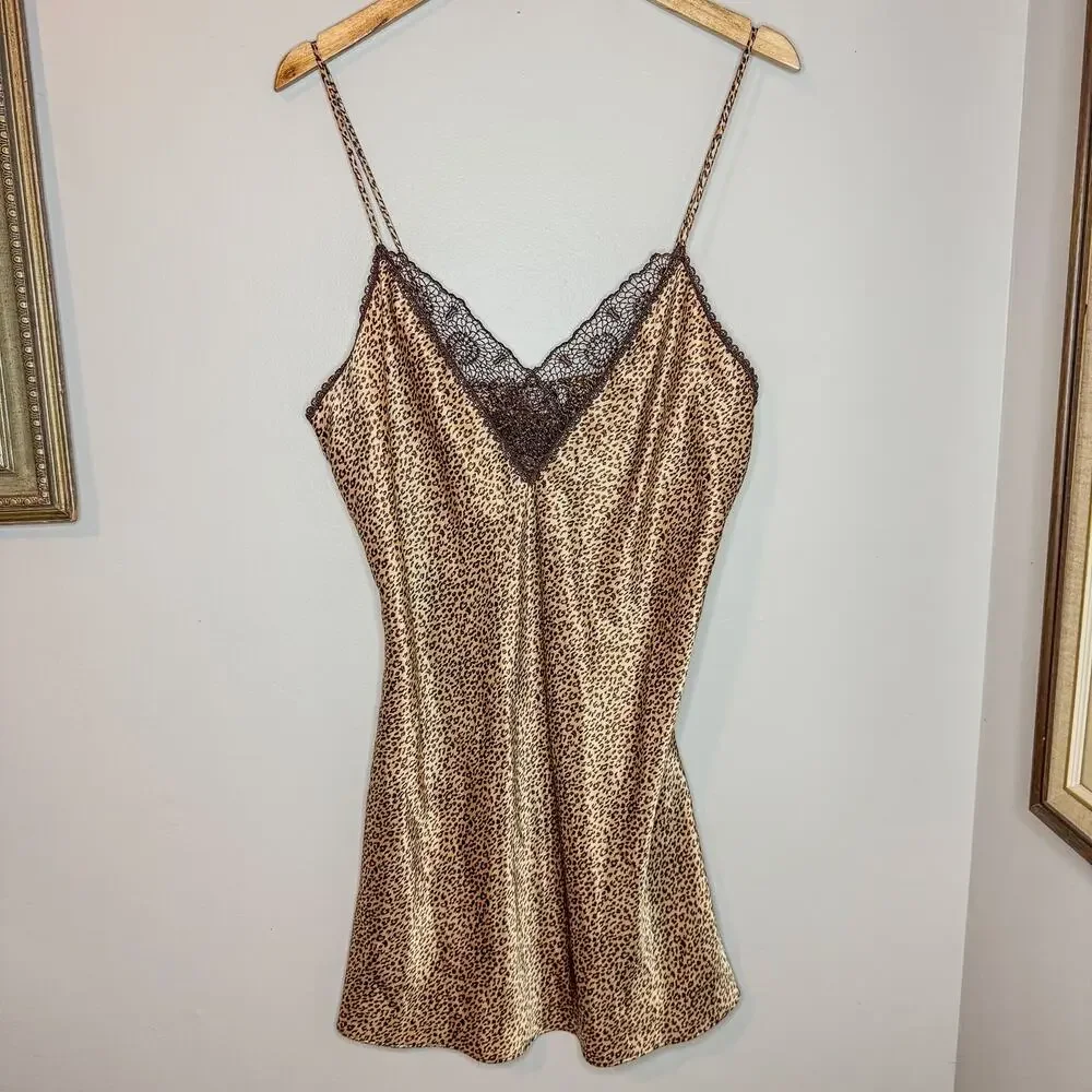 Vintage Cinema Etoile Leopard Satin Lace Trim Chemise Slip Dress L Y2